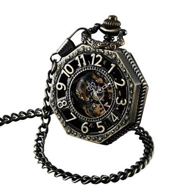 Imagem de ShoppeWatch Relógio de bolso masculino com corrente | Relógio de bolso vintage com corda manual | Relógio de bolso clássico com movimento mecânico | Acessório de fantasia Steampunk da década de 1920, Bronze, Mecânica