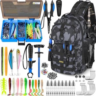 Imagem de PLUSINNO Mochila de pesca com caixas de equipamento, bolsa de pesca impermeável para equipamento de pesca com suporte de vara, presentes de pesca para homens com iscas de pesca, alicates de pesca