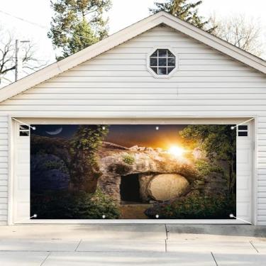 Imagem de Leyiyi 2,1 x 4,9 m Capa de bandeira de porta de garagem de Páscoa ressurreição de Jesus Cristo pano de fundo vazio buraco da tumba luz sagrada Ele ressuscitou crucificação ao nascer do sol fundo de