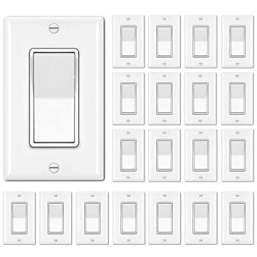 Imagem de [Pacote com 20] Interruptores elétricos de interruptor de luz liga/desliga de polo único, 15A 120/277V, placas de parede decorativas incluídas, grau comercial e residencial, listado na UL, branco
