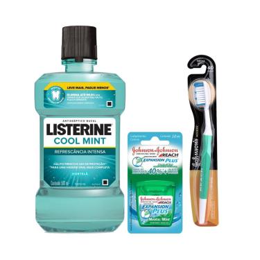 Imagem de Kit Enxaguante Bucal Listerine Cool Mint Leve 500ml e Pague 350ml + Escova de Dentes J&J Reach Access Grande Média 40 + Fio Dental J&J Reach Expansion