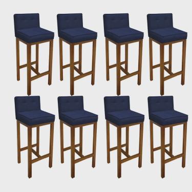 Imagem de Kit 08 Banqueta Alta Com Encosto Alba Cozinha Balcão Bistrô Base Madeira Castanho Suede Azul Marinho - Ahz Móveis