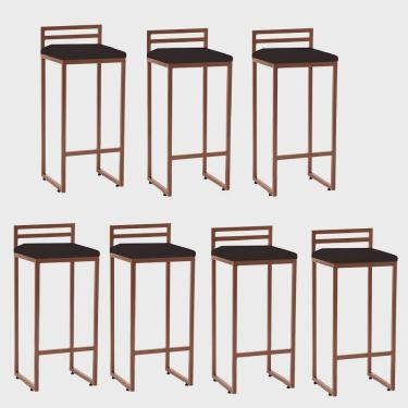 Imagem de Kit 07 Banqueta Alta Com Encosto Petra Balcão Bar Cozinha Bistrô Ferro Bronze Suede Marrom - Ahz Móveis