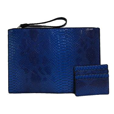 Imagem de NIGEDU Bolsa feminina clutch moderna de couro sintético de cobra com alça de mão, Azul escuro