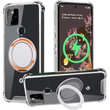 Imagem de Capa para Google Pixel 5, compatível com Magsafe - Suporte magnético giratório de 360° - Parte traseira de policarbonato rígido transparente e capa protetora de TPU macio à prova de choque, suporte