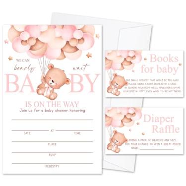 Imagem de We Can Bearly Wait Conjunto de convites de chá de bebê para meninas, 25 conjuntos de convites com envelopes sorteio de fraldas e cartões de pedido de livro para anúncio de bebê, suprimentos de festa