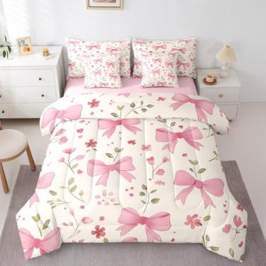 Imagem de Feelyou Conjunto de cama infantil casal com laço rosa, 7 peças, cama de princesa sonhadora em uma bolsa, conjunto de edredom com laço fofo, para meninos e meninas, 7 peças