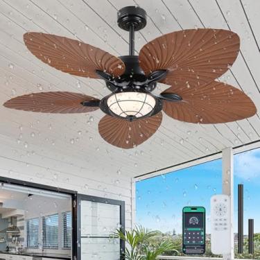 Imagem de PHORUS Ventiladores De Teto Folha Palmeira À Prova D'Água 52" Com Luzes E Controle Remoto, Tropicais Classificação Umidade Para Pátios, Varandas, Gazebos Pérgolas