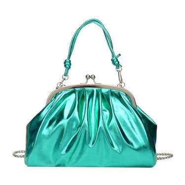 Imagem de IAMUHI Bolsa feminina de couro envernizado brilhante para noite elegante pequena alça superior Kiss Lock plissada bolsa clutch transversal, Verde A, One Size