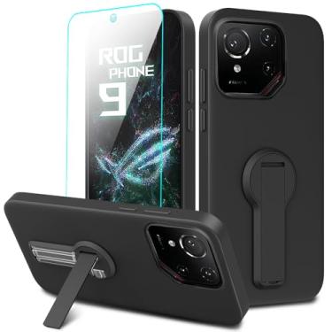 Imagem de Capa protetora de silicone compatível com Asus ROG Phone 9/9 Pro com protetor de tela de vidro temperado, rotação de 360° com suporte oculto/suporte oculto, para Asus ROG Phone 9 9 Pro - preta