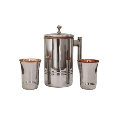 Imagem de Jarra de água de aço inoxidável e cobre puro com 2 copos combinando para benefícios de saúde Ayurveda (57 fl. Oz) (puxador de latão com vidro longo)