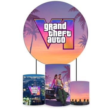 Imagem de Kit Painel de Festa Redondo e Trio de Cilindros GTA VI - Fera Print