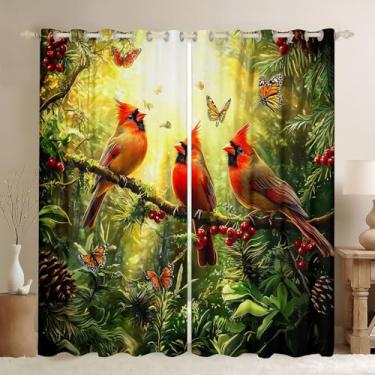 Imagem de Cortinas de pássaro cardeal padrão cardeais vermelhos 96 cm L x 114 cm C 2 painéis cortinas e cortinas, cortinas blackout de galhos de árvores para decoração de quarto de crianças, meninos,