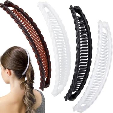 Imagem de Hzopcw 4 peças de grampos de cabelo de banana para mulheres, grampos de cabelo clássicos de pente duplo, acessórios de cabelo antiderrapantes para penteados grossos e finos longos e cacheados - marrom