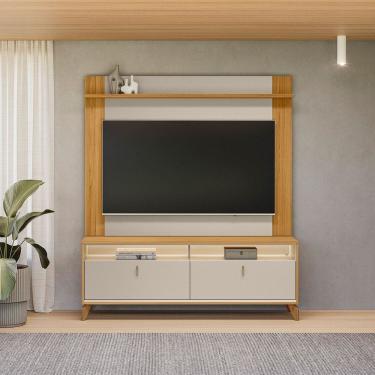 Imagem de Rack com Led Pés em Madeira Maciça e Painel Tulum para Tv de até 55 Polegadas Dubai TAUARI/OFF WHITE FOSCO