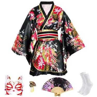 Imagem de CRFASIBE Asian Japanese kimono Dress for Women Anime Maid Outfit Halloween Samurai Costumes Yukata Kawaii Dress 5pc(Black)
