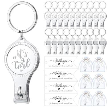 Imagem de Vesici 50 conjuntos de lembrancinhas de festa de chá de bebê para convidados abridor de garrafas multifuncional chaveiro cortador de unhas com cartão de agradecimento bolsa de organza para chá de bebê
