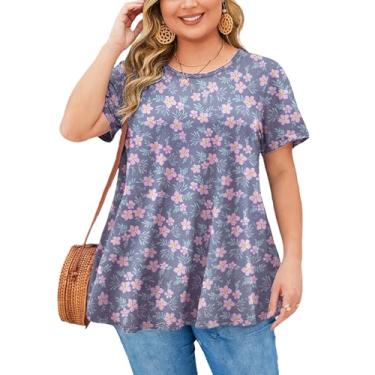 Imagem de splensive Blusa feminina plus size, de manga curta, rodada, rodada, folgada, de verão, casual, para usar com leggings, Tops florais cinza e rosa, 5G
