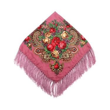 Imagem de Lenço Quadrado Floral com Franjas - Estilo Ucraniano Babushka, Pele ro