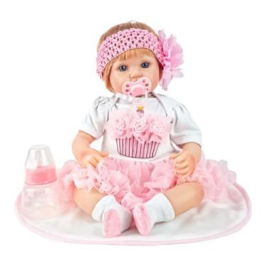 Imagem de Bebê Reborn Realista Menina Com Enxoval Completo Rosa Chupeta E Mamade