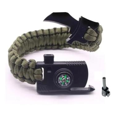 Imagem de Pulseira tatica canivete bulsula pederneira camping Paracord Sobrevivência Militar Cor Verde