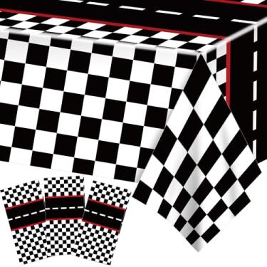 Imagem de 3 peças de toalha de mesa para festa de carro de corrida, carros de corrida, decoração de festa de aniversário, bandeira xadrez preta, retangular, capas de mesa de plástico descartáveis para festas de