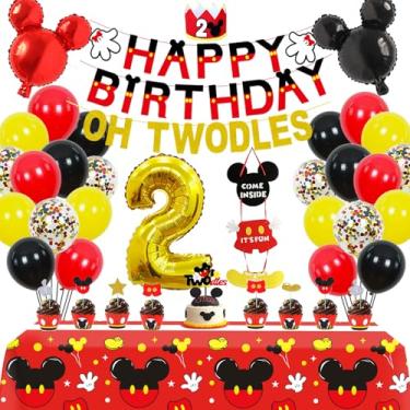 Imagem de Decorações de festa de aniversário do 2º Mickey Mouse, 57 peças – Banner Happy Birthday (Feliz Aniversário) OH TWODLES Banner Vermelho/Amarelo/Preto/Confete Balloons Número 2 Balão de alumínio Mickey Mouse Balões chapéu Placa de porta Topos de cupcake Decorações de aniversário para meninos e meninas