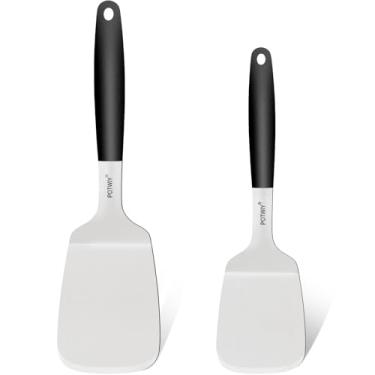 Imagem de POTWIY Conjunto de espátulas de aço inoxidável de 2 peças, espátula de metal de 33,8 cm e 28,7 cm para cozinhar frigideira de ferro fundido e grelha plana, espátula resistente com alça de silicone