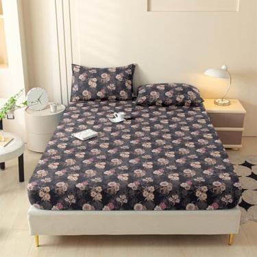 Imagem de LweiPsqLin Lençol de cama solteiro de microfibra escovada floral com bordas elásticas de 38 cm de profundidade - Resistente ao encolhimento e desbotamento, roupa de cama com estampa botânica