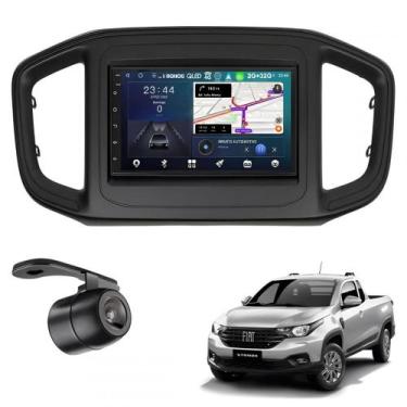 Imagem de Central Multimidia Android Auto Fiat Strada Moldura + Câm Preto Fosco 