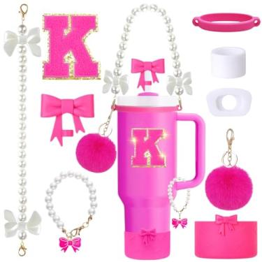 Imagem de Conjunto de acessórios de copo Stanley rosa de 9 peças para copo de 850 g 1,134 g com alça, inclui alça de pérola, topos de palha e bota de laço, pingentes de decoração, adesivo de letra, tampas à