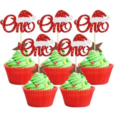 Imagem de 24 peças de enfeite de cupcake de Natal com glitter, chapéu de Papai Noel, decoração de bolo de primeiro aniversário para tema de Natal, chá de bebê, crianças, suprimentos de festa de 1º aniversário,