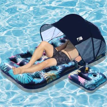 Imagem de COOLCOOLDEE Boia inflável para piscina com proteção solar FPS 50+, boia extra grande para adultos com apoio de cabeça, suporte de copo