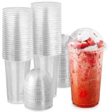 Imagem de Copos de sobremesa de plástico transparente de 473 ml com tampas (conjunto de 50) copo de parfait descartável médio, tampa de cúpula - sem furo, recipientes de frutas de festa de 473 ml, tigela de
