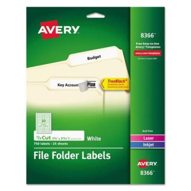 Imagem de Etiquetas de arquivamento Avery 8366 Permanent 1/3 Cut 750 White Pack 