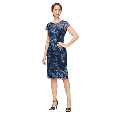 Imagem de Alex Evenings Vestido feminino curto na altura do joelho bordado floral, vestido de convidada de casamento, (tamanho pequeno e regular), Azul marinho em dois tons, 48