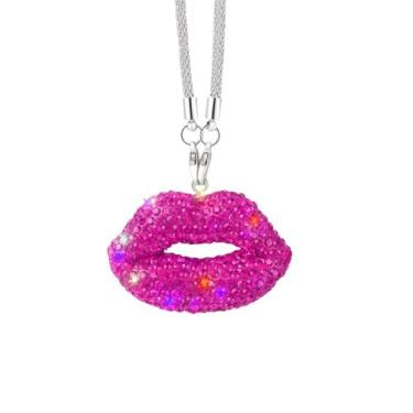 Imagem de Acessórios de pendurar com strass de cristal brilhante para mulheres, pingente de espelho retrovisor de diamante, enfeite de interior automotivo Lucky para decoração de carro (Fúcsia)