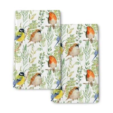 Imagem de Conjunto de 2 toalhas de cozinha de pássaros fofos com folhas verdes, toalhas de prato botânicas para secar pratos, presentes para amantes de pássaros, pano absorvente de secagem à mão para cozinha