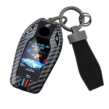 Imagem de HIBEYO Capa de chaveiro de carro adequada para BMW Série 5 6 7 G01 G11 G12 G30 G31 X3 X4 X5 730li 740li 750li Display LCD Metal & Silicone Key Shell Case Key Fob Protector-C Keychain (linhas vermelhas