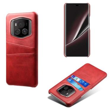 Imagem de Capas Compatível com Honor Magic 6 RSR,Caso de couro PU-Tampa de telefone a prova de choque com 2 slots de cartão,Proteção anti-impressão digital e anti-gota-Red