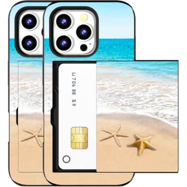 Imagem de MUQR Capa compatível com iPhone 16 Pro com suporte de cartão fofo - Design Kawaii, proteção contra quedas de nível militar, capa carteira robusta para mulheres (preto praia estrela-do-mar verão)