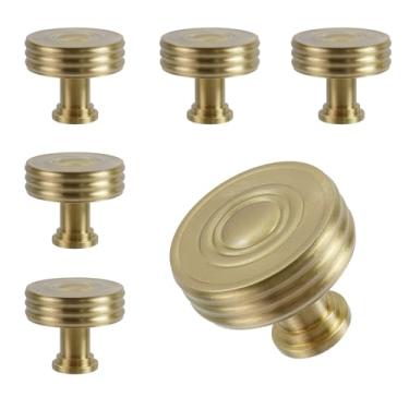 Imagem de HEVSTIL Pacote com 6 puxadores de armário de latão sólido – Puxadores de gaveta redondos dourados escovados | Tamanho de 2,8 cm (1-1/40.6 cm) para móveis de banheiro, cozinha e quarto
