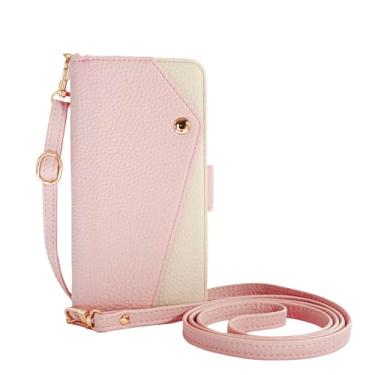 Imagem de Lejanuxy Capa carteira flip transversal para iPhone 15Pro com slot para cartão e alça destacável, couro PU, rosa