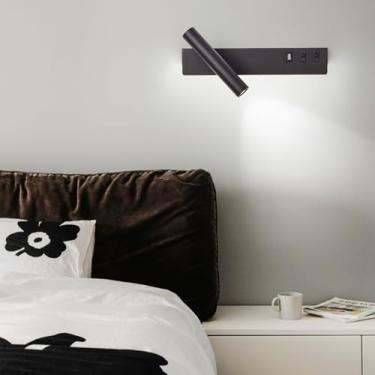 Imagem de GZZBMY LED aplique parede com 2 interruptores candeeiros de parede com porta de carregamento USB aplicações de leitura iluminação giratória ajustável quarto sala de estar cabeceira (luz branca, preto