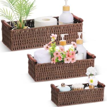 Imagem de Boao 3 cestas de armazenamento boho feitas à mão cestas de vime decorativas para organizar com alça de bancada, cesta de armazenamento de papel higiênico para tanque de vaso sanitário (marrom)