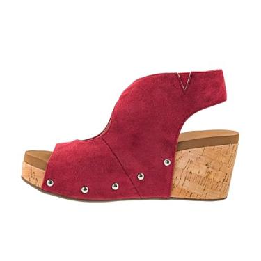Imagem de Corkys Footwear Cunha feminina Frisky – com salto de 6 cm, salto de cortiça leve, tira ajustável no tornozelo e conforto o dia todo para um estilo sem esforço, Camurça sintética vermelha escura, 41