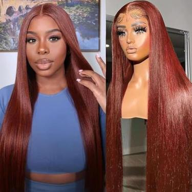 Imagem de Peruca frontal marrom avermelhada de 55 cm, cabelo humano 33 x 15 cm, peruca frontal de renda, densidade 180% de densidade 33# perucas de cabelo humano pré-arrancadas com cabelo de bebê para mulheres