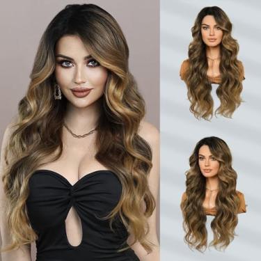Imagem de 7JHH WIGS Perucas onduladas do corpo frontal de renda 33 x 10 cm T frente de renda marrom ombré destaque lateral perucas para mulheres 160 densidade transparente cabelo sintético sem cola peruca longa