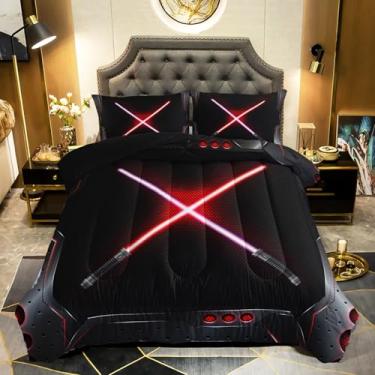 Imagem de QOOMO Conjunto de edredom completo de sabre de luz vermelho, 3 peças, neon vermelho para adolescentes, meninos e meninas, edredom estampado preto com 2 fronhas, alternativo de plumas, macio e leve