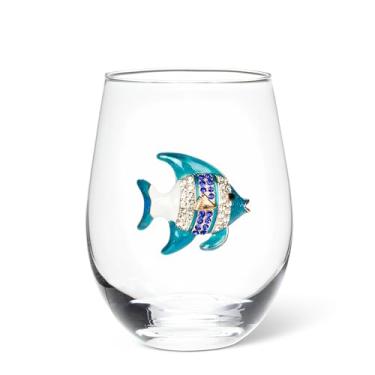 Imagem de Abbott Collection Taça de vinho sem haste com peixes de joias - vidro/metal, transparente/azul, 11,4 cm A (453 g)